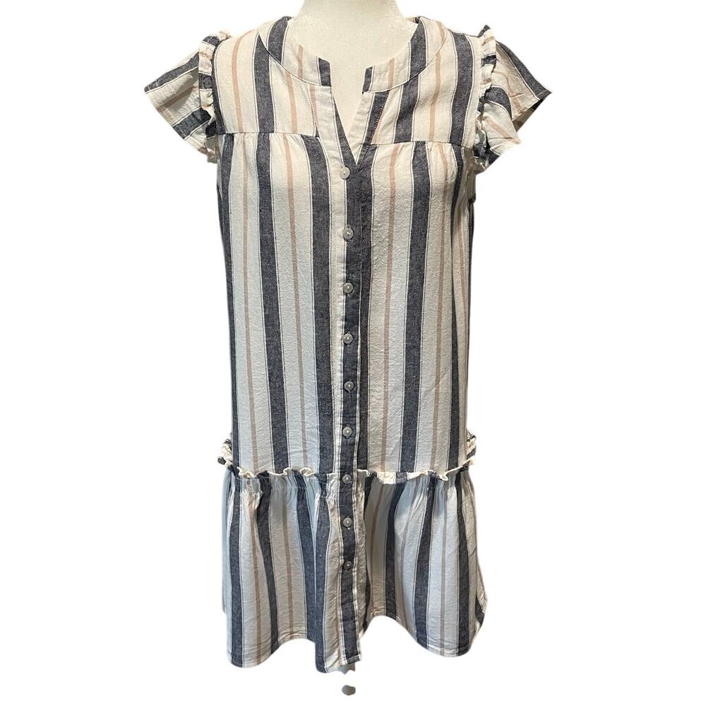 Cynthia Rowley Linen Blend Shirtdress Sz S Striped Ruffle Flutter Sleeves Beachy